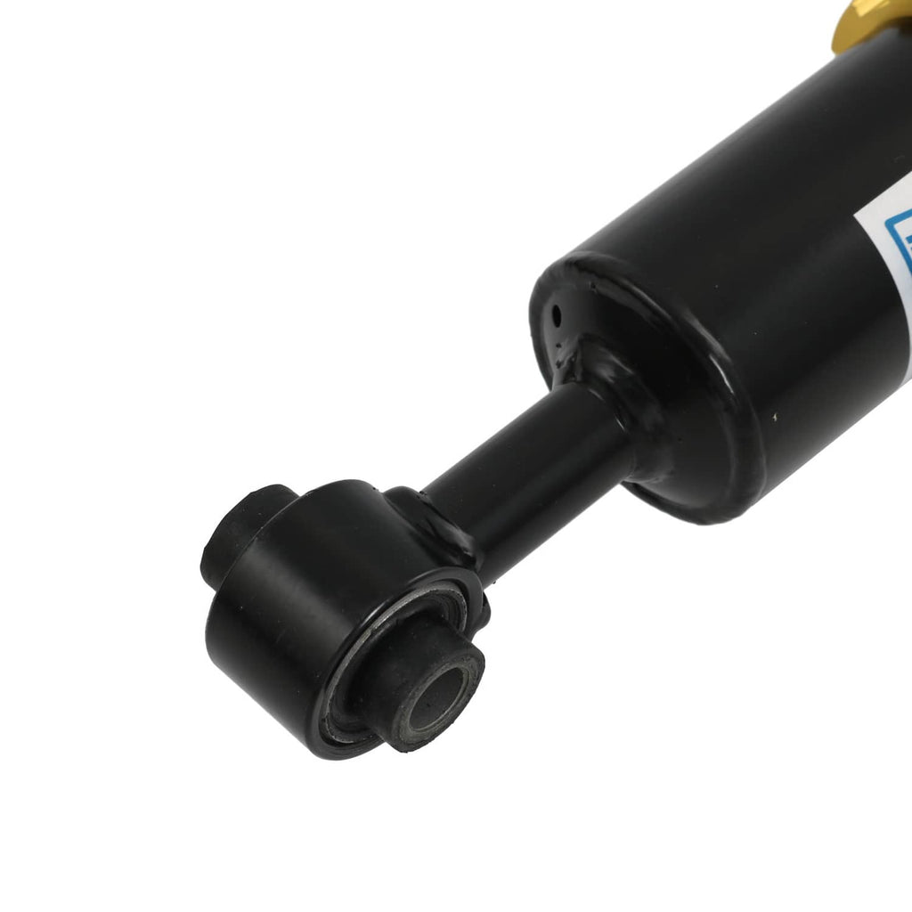 Black coilover strut shock absorber with end bushing and mounting hardware