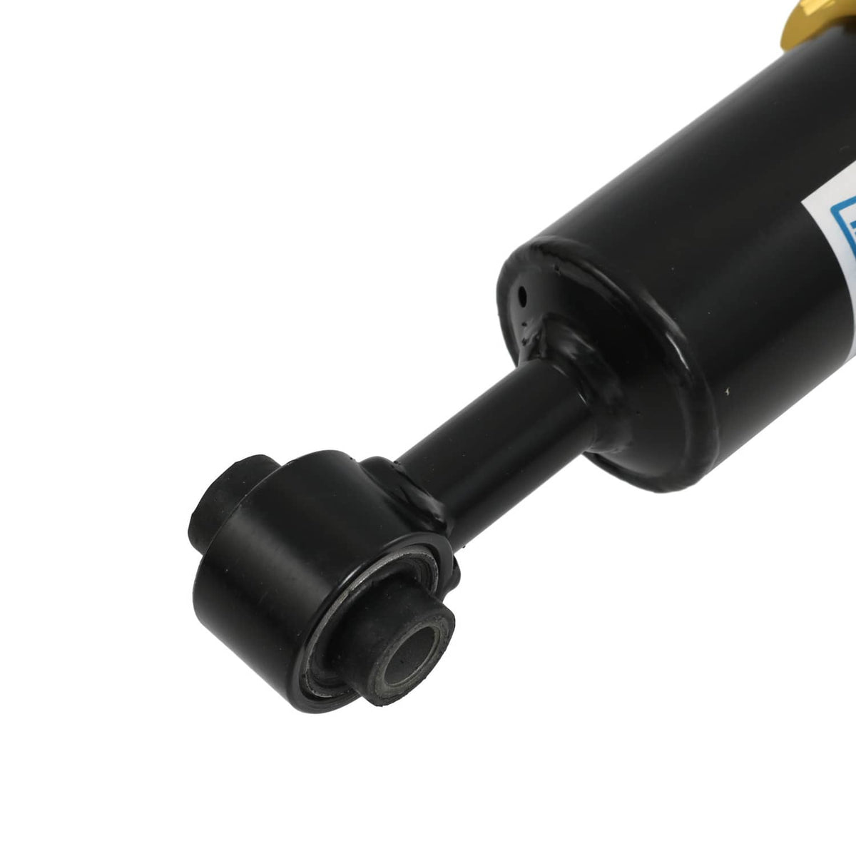 Black coilover strut shock absorber with end bushing and mounting hardware