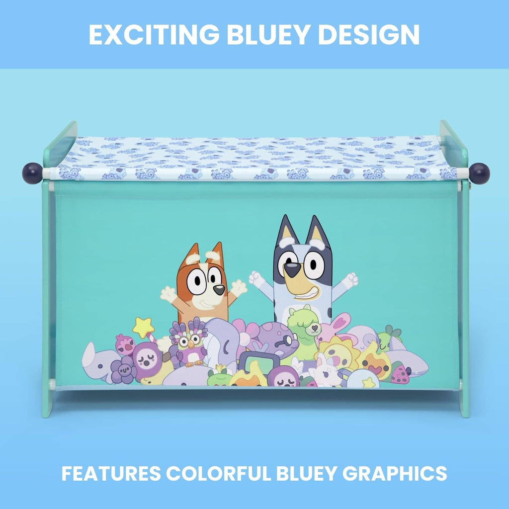 Teal Bluey toy box with front character graphic and hinged lid with handle