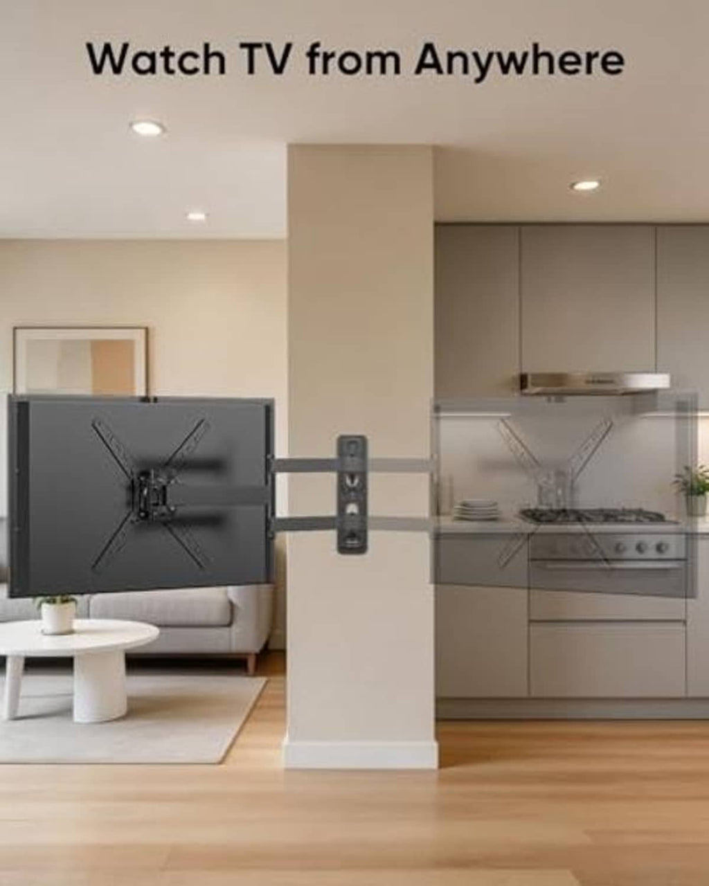Black full-motion TV wall mount securing a flat-screen TV with long horizontal arms