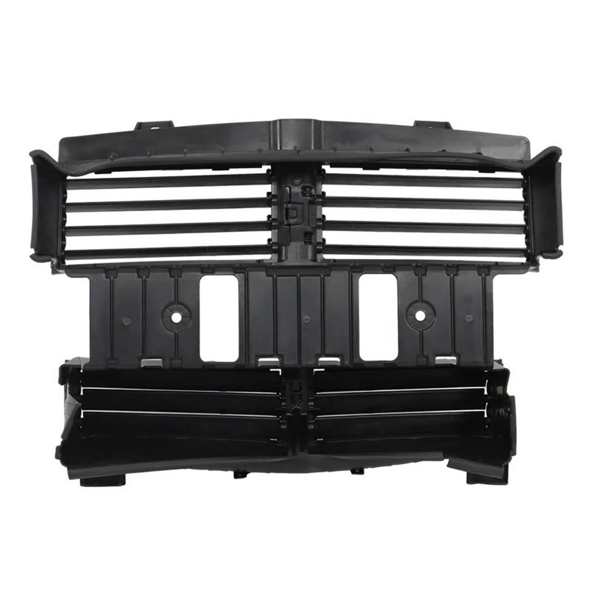 Black radiator control shutter assembly, front view with horizontal slats and brackets