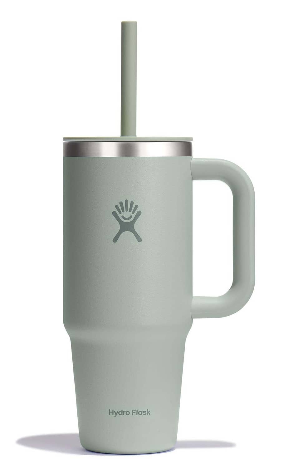 Light green Hydro Flask travel tumbler with handle, straw lid, and logo.