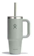 Light green Hydro Flask travel tumbler with handle, straw lid, and logo.