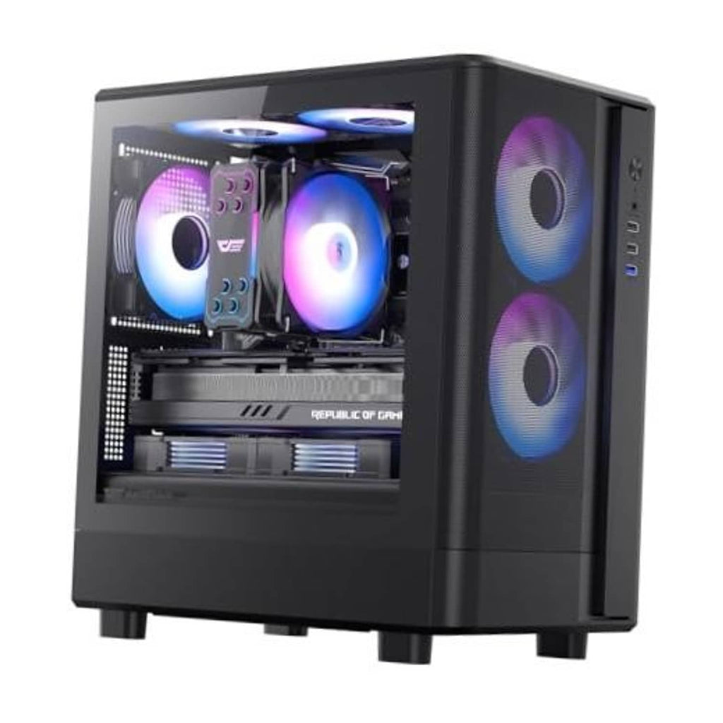 Black micro-ATX PC case with three RGB PWM fans installed, front interior visible