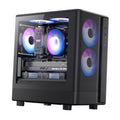 Black micro-ATX PC case with three RGB PWM fans installed, front interior visible