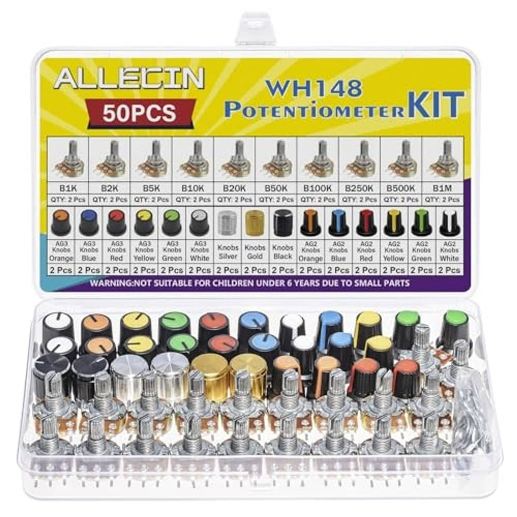 WH148 potentiometer kit with 50 pcs assorted single-turn potentiometers and color knobs