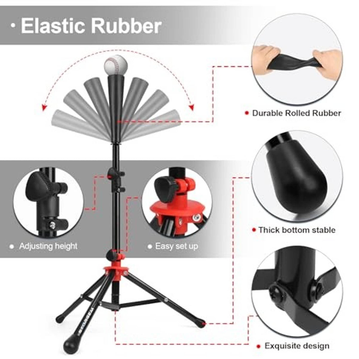 Adjustable ball tee stand with elastic rubber top and thick black stable base