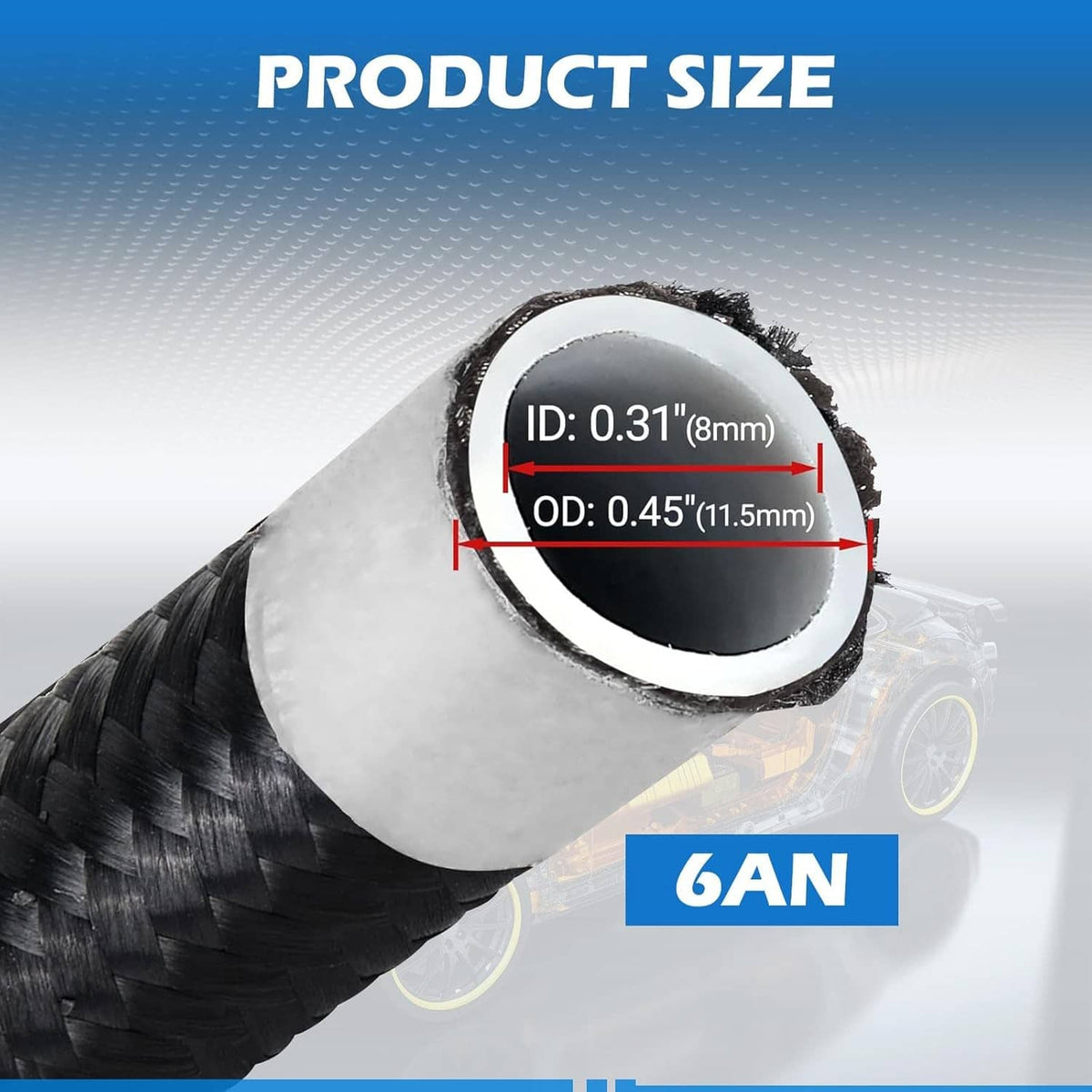 6AN braided stainless fuel hose sleeve, cross-section with ID 0.31 in and OD 0.45 in