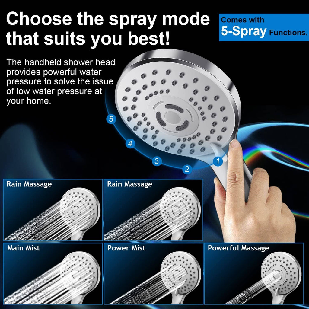Round handheld shower head with spray nozzles and selectable spray modes, chrome