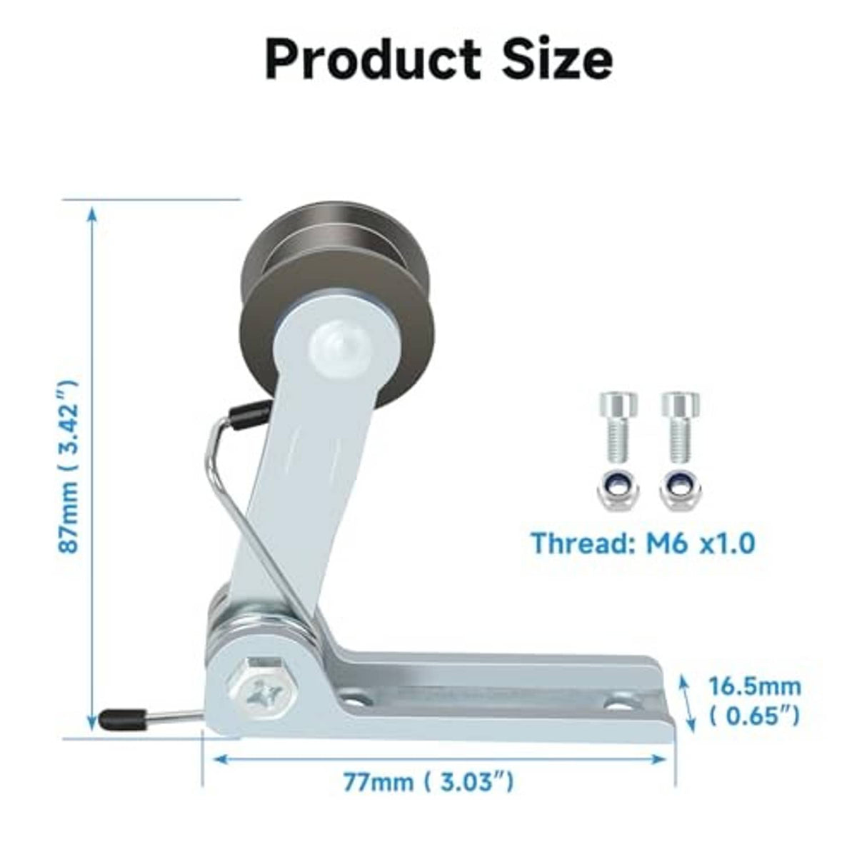 Chain tensioner size diagram with M6 threaded fasteners and bracket dimensions.