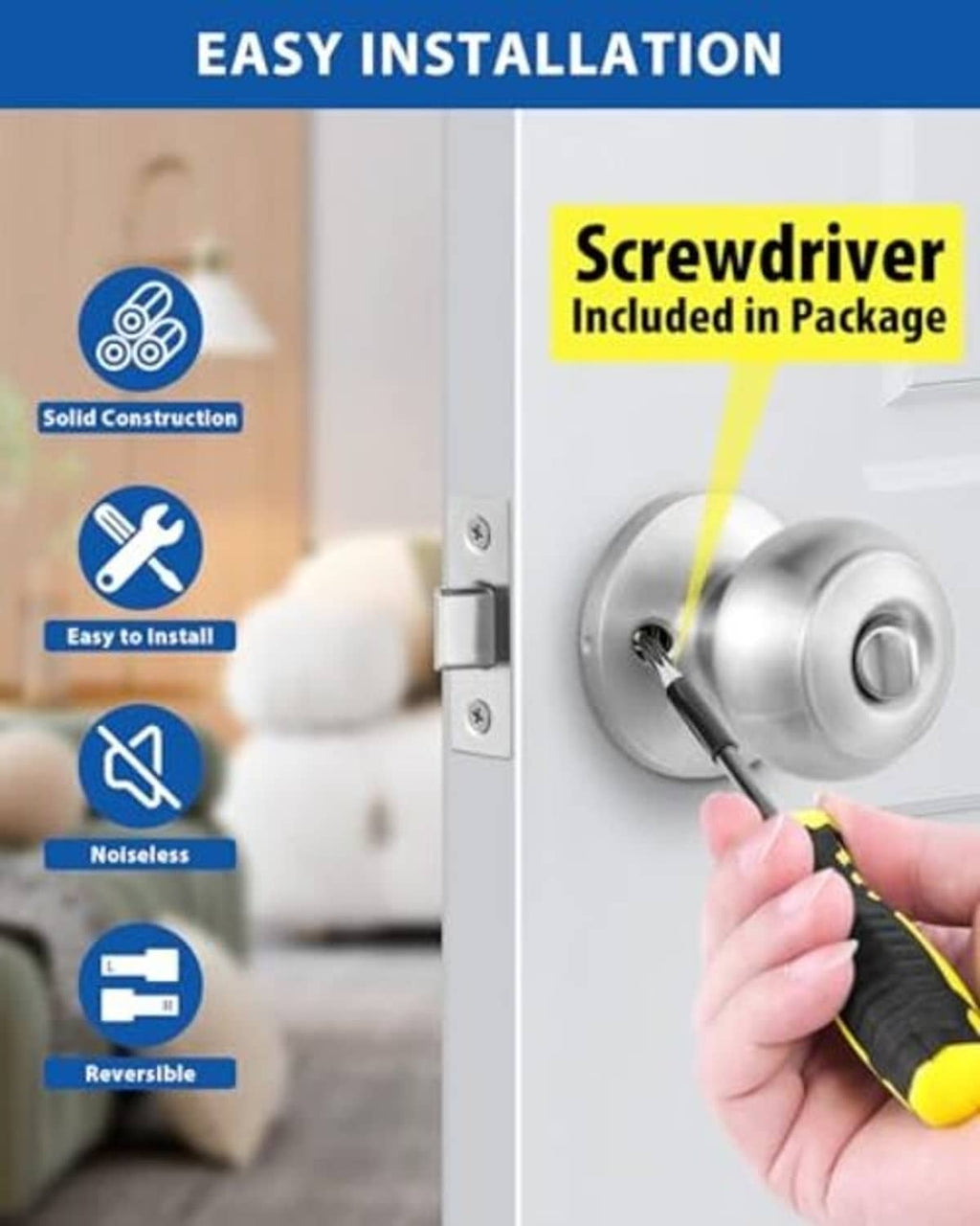 Satin nickel door knob set with included screwdriver for easy installation