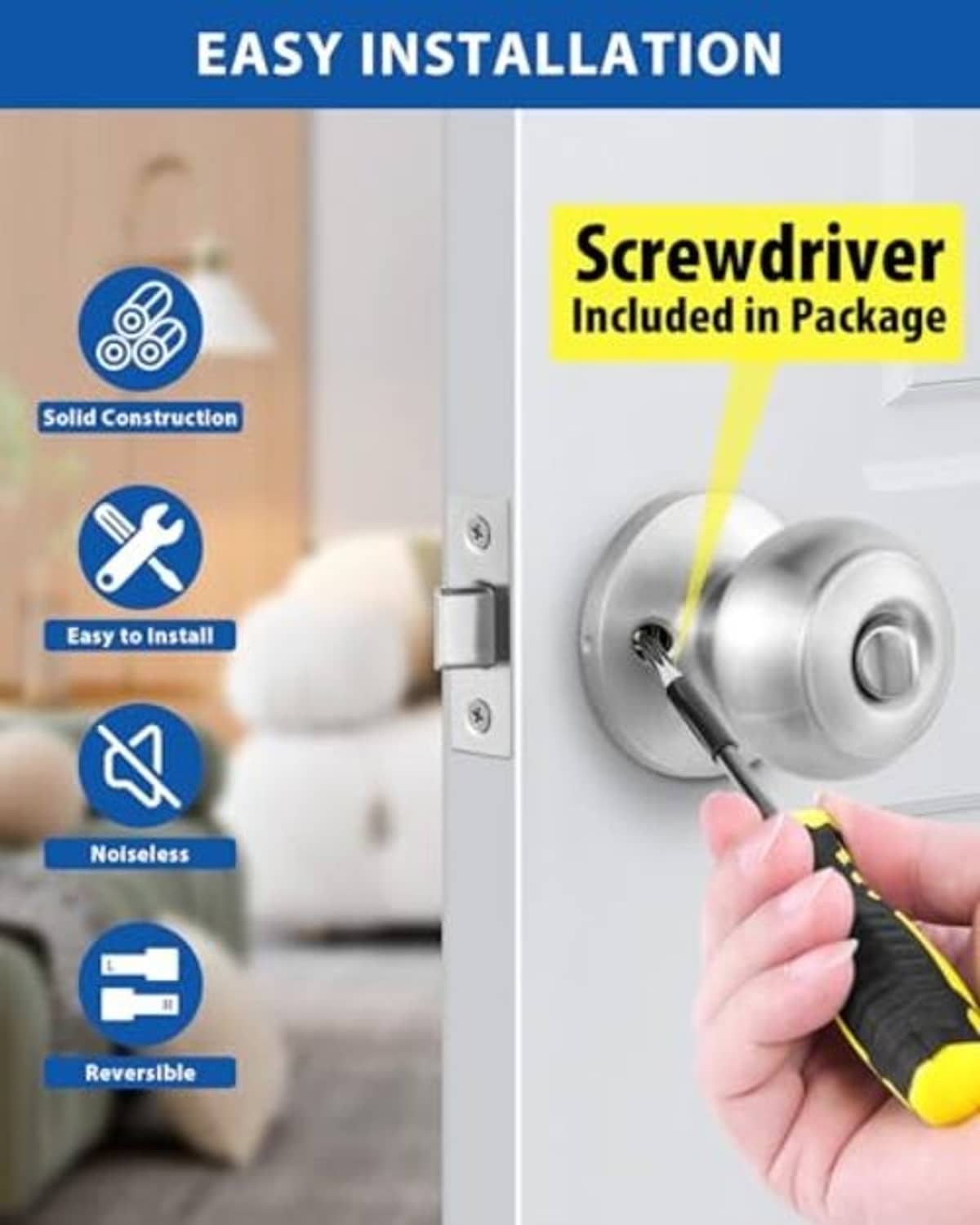 Satin nickel door knob set with included screwdriver for easy installation