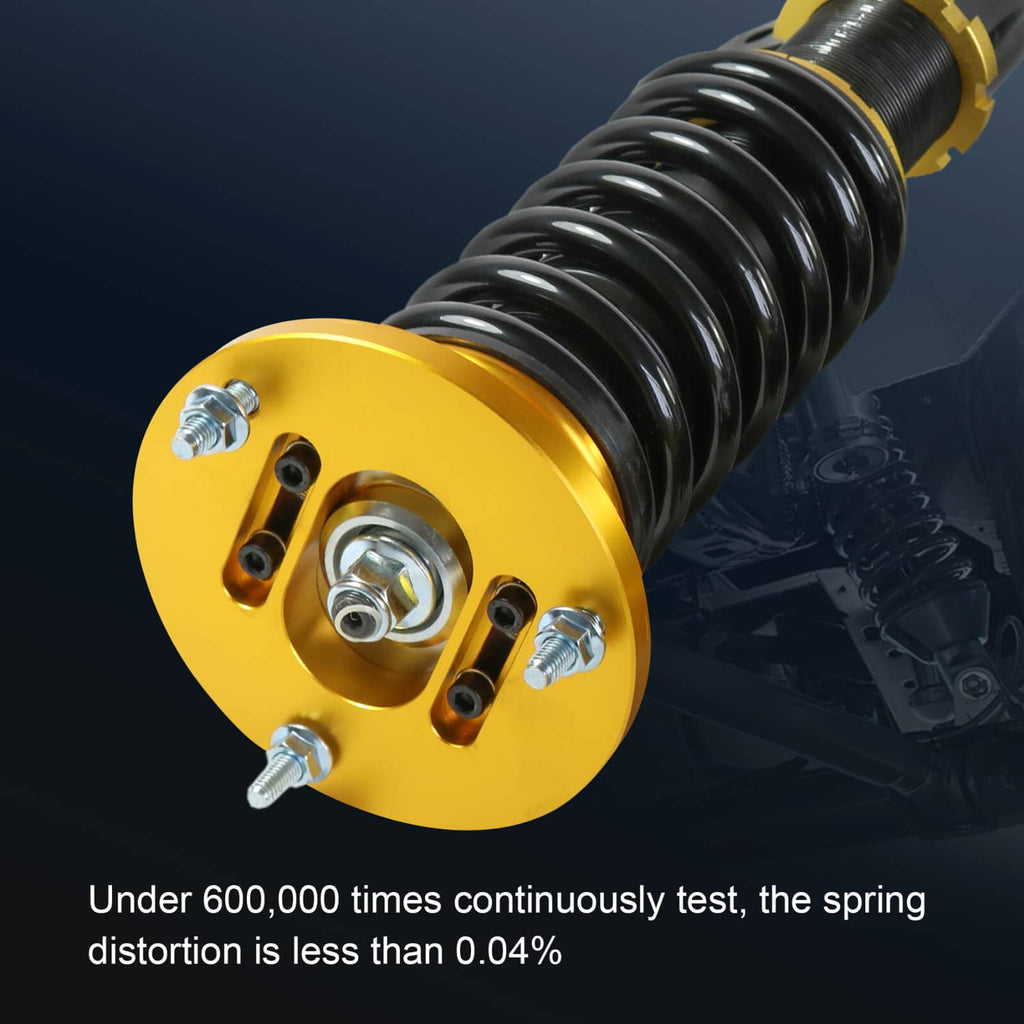 Single coilover with gold top mount and black spring for height adjustment