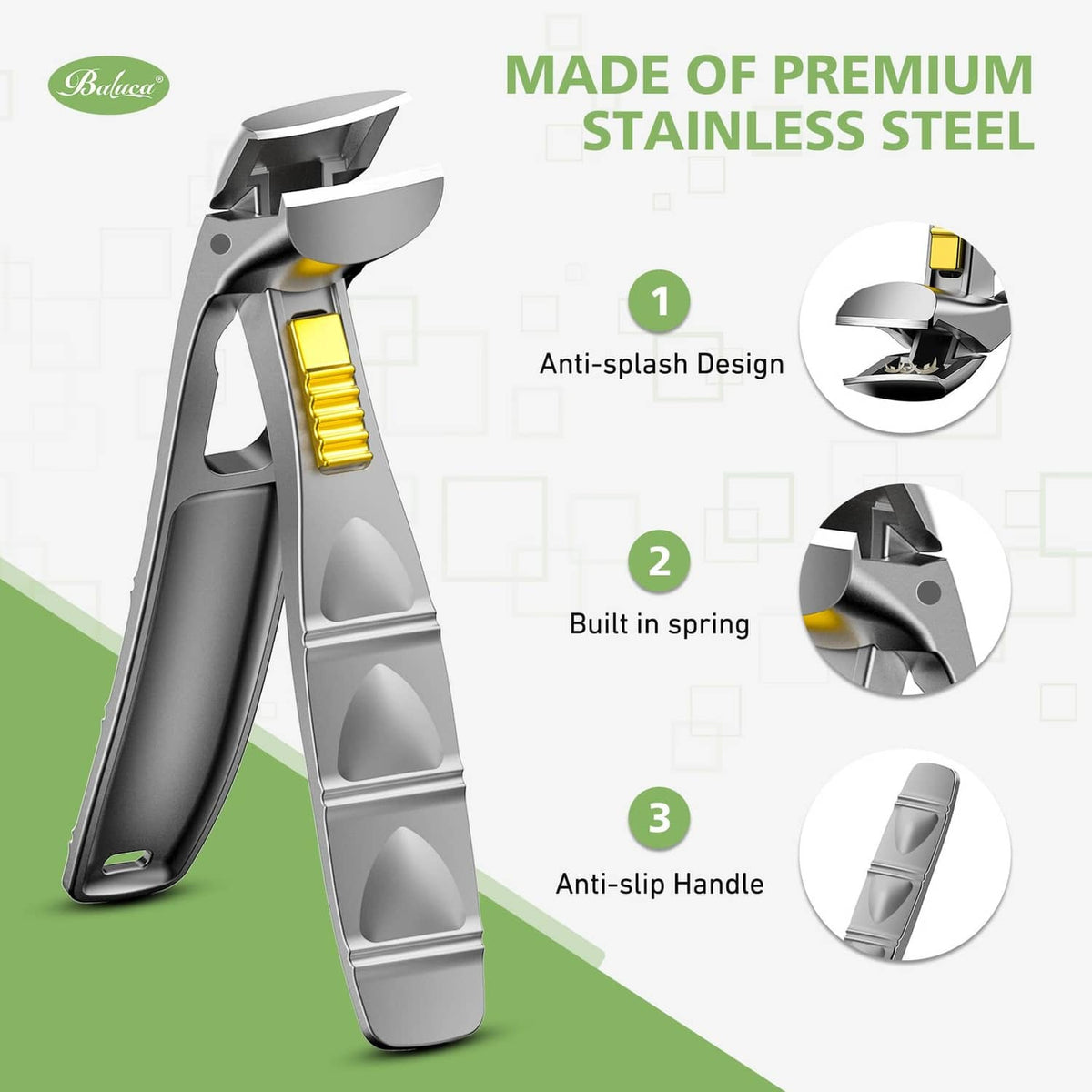 Silver nail clipper with spring mechanism, wide cutting head, and yellow insert