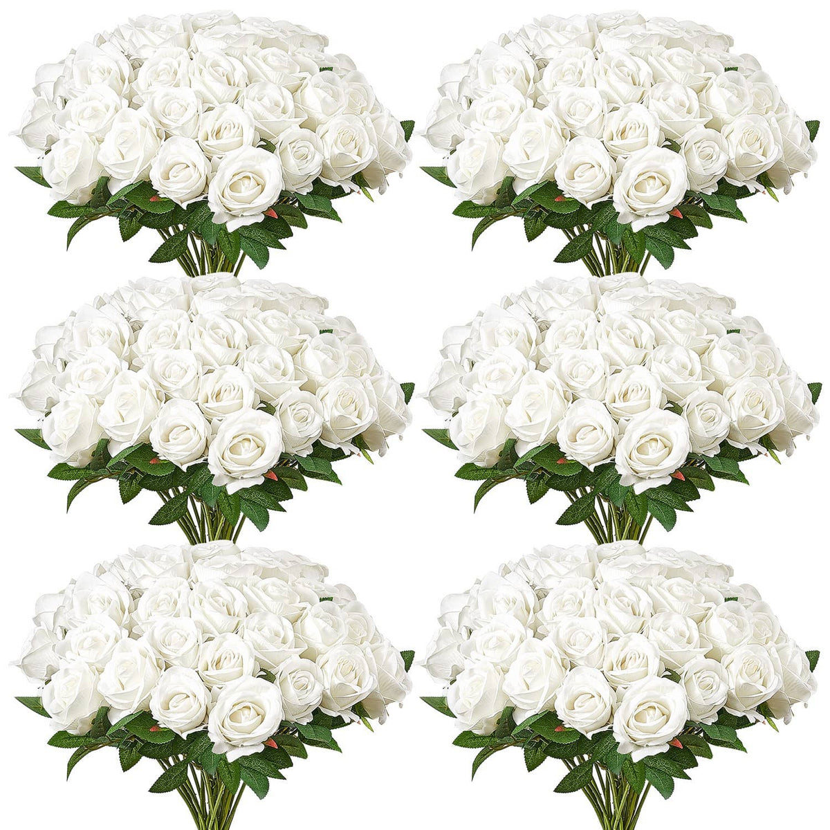 Set of artificial white rose bouquets with green leaves, realistic layered blooms