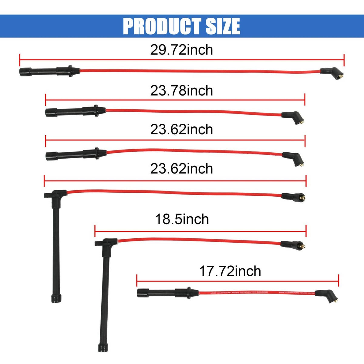 Spark plug wire set with red leads and black boots, shown with cable length diagram