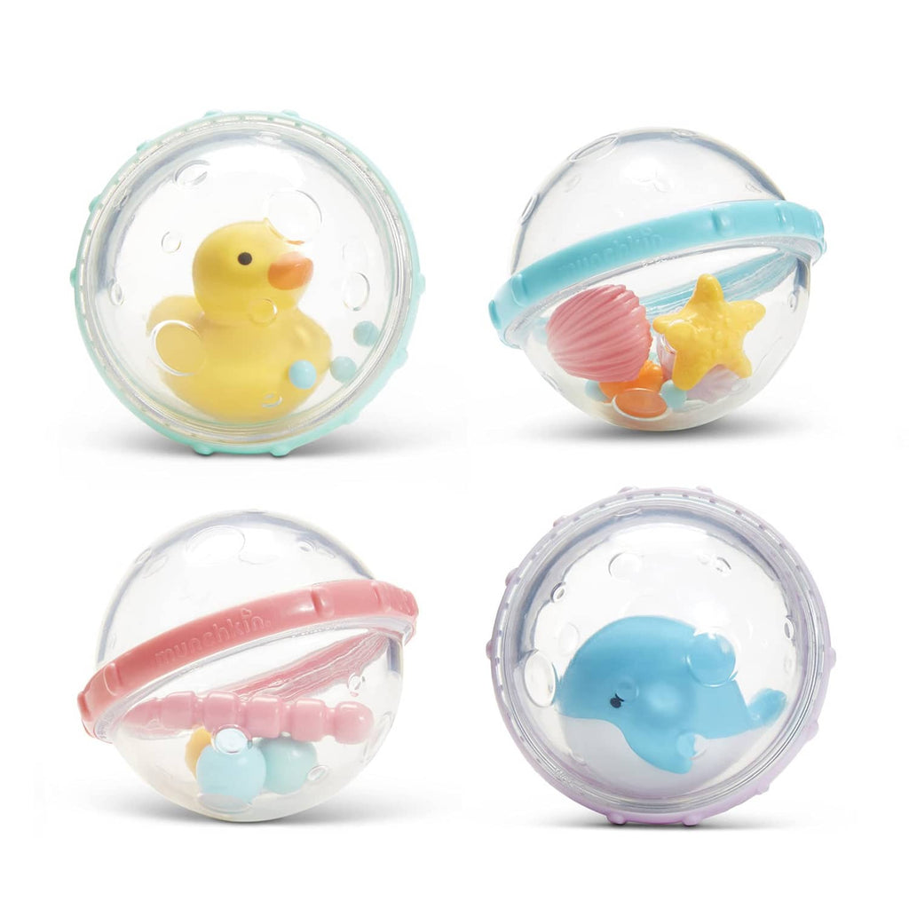 Set of 4 bubble bath float toys in clear pods with duck, whale, and starfish