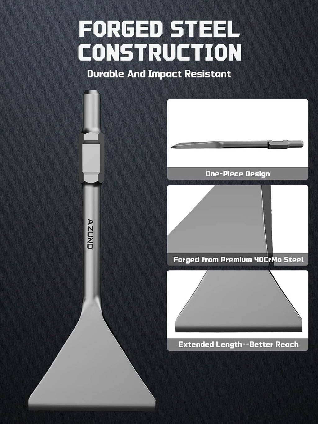 Forged steel hex shank chisel bit with one-piece design and wide blade