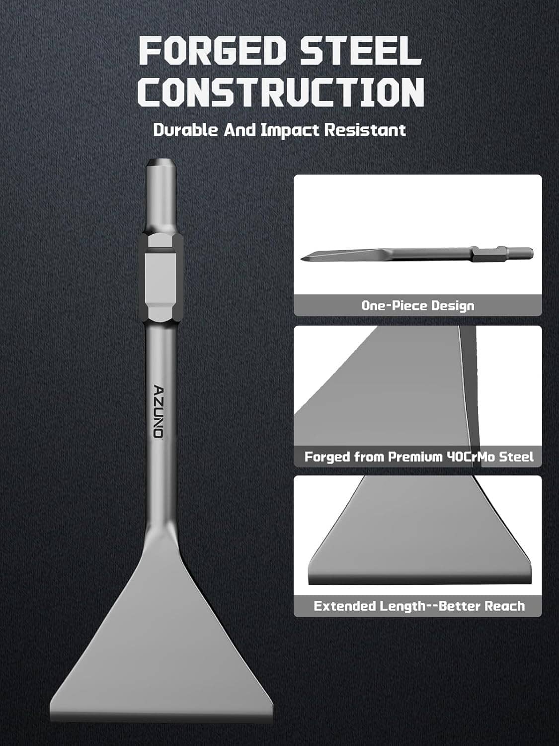 Forged steel hex shank chisel bit with one-piece design and wide blade