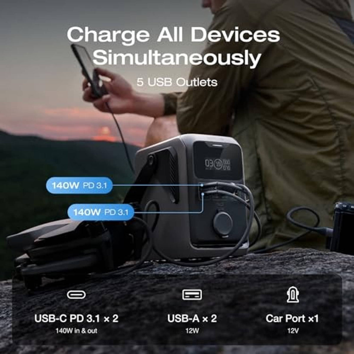 Portable power station with multiple USB outlets and car port, black and gray