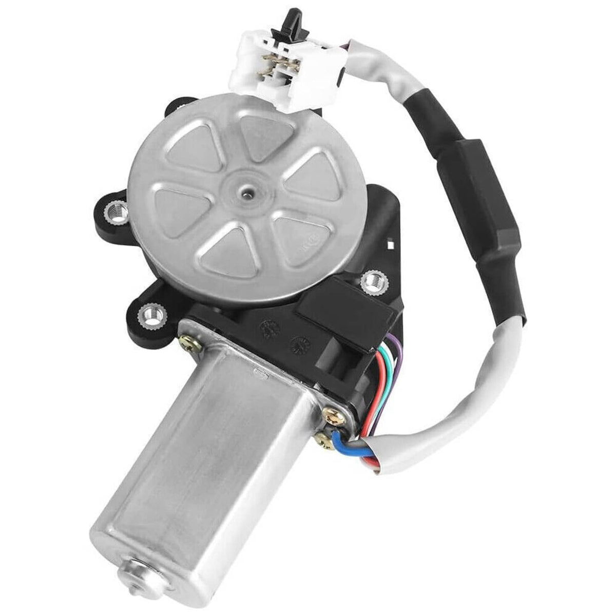 Power window lift motor with large gray circular gear and metal actuator body