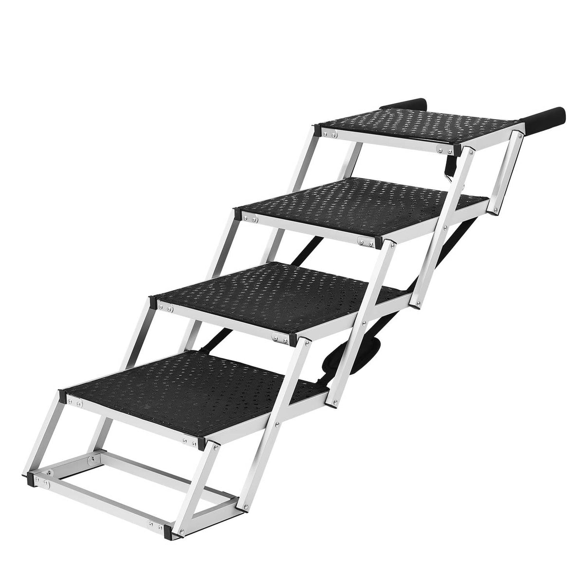 Foldable 4-step dog stairs with black treads, aluminum frame, and grip rails