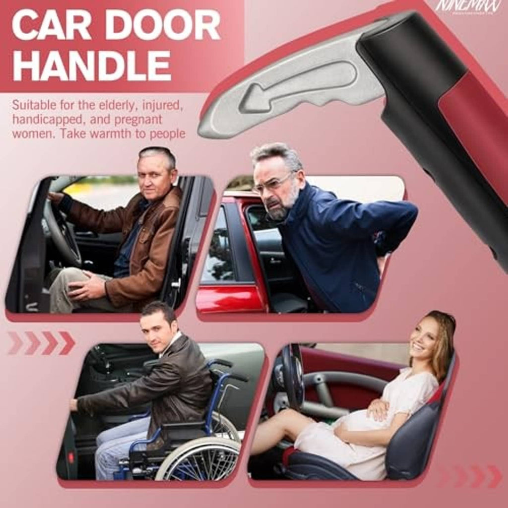 Red and black car door handle assist bar shown mounted beside the door opening
