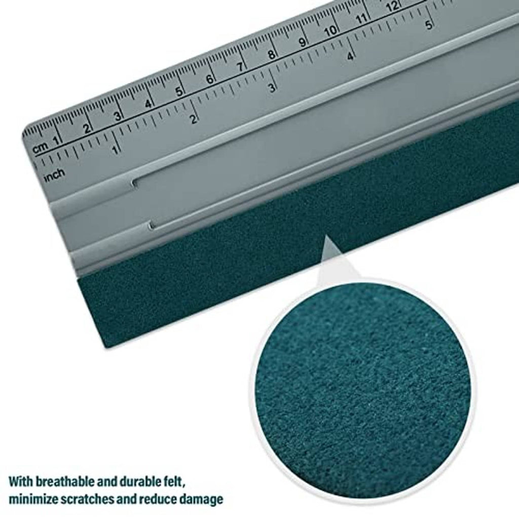 Felt squeegee with textured teal pad and silver measuring ruler for vinyl decals