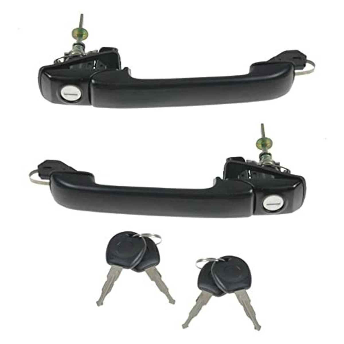 Black exterior door handle pair with lock cylinders and two keys