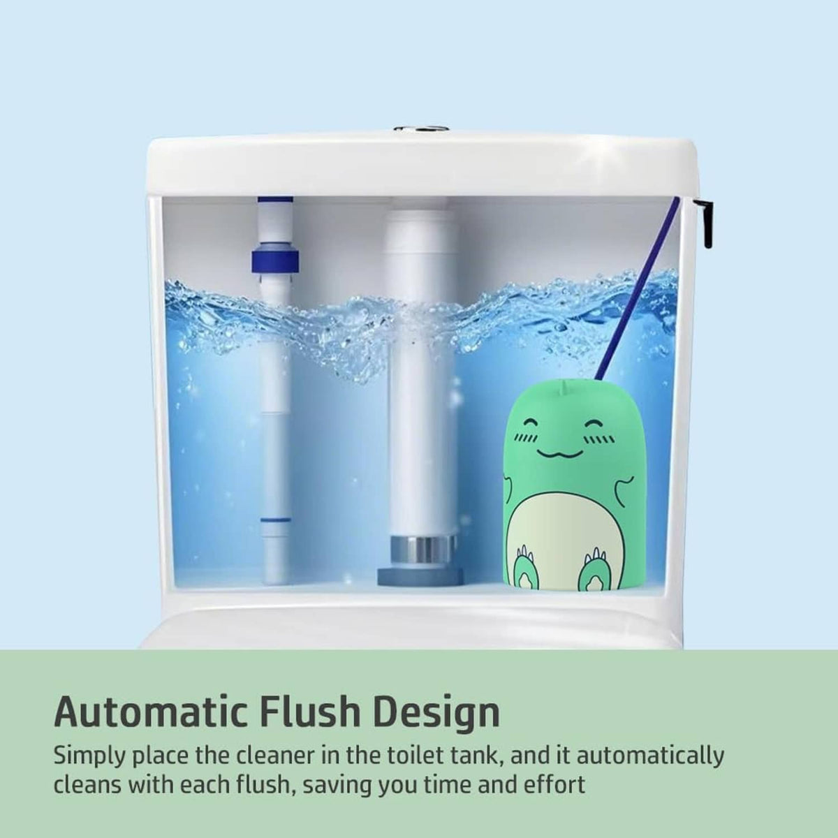 Dinosaur-shaped toilet tank cleaner bottle with mint body and smiling face