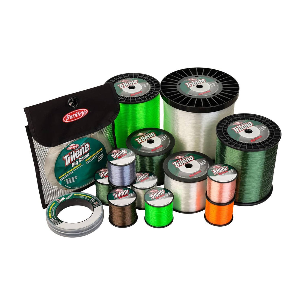 Assorted Berkley Trilene monofilament line spools and bag, multiple colors
