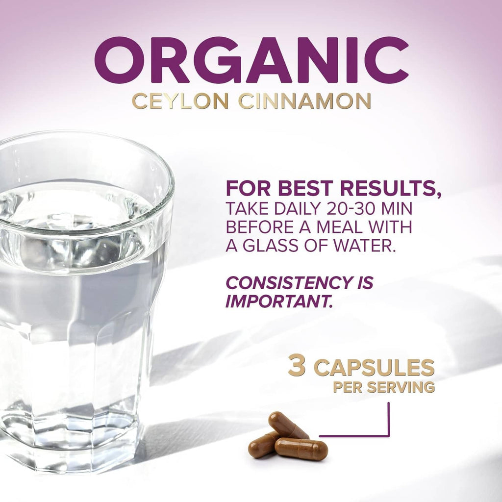 Organic Ceylon cinnamon capsules with directions for 3 capsules per serving and glass of water.
