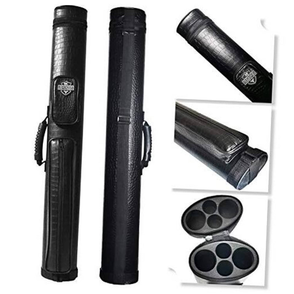 Black hard oval pool cue carrying case with shoulder strap and shield logo patch