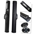 Black hard oval pool cue carrying case with shoulder strap and shield logo patch