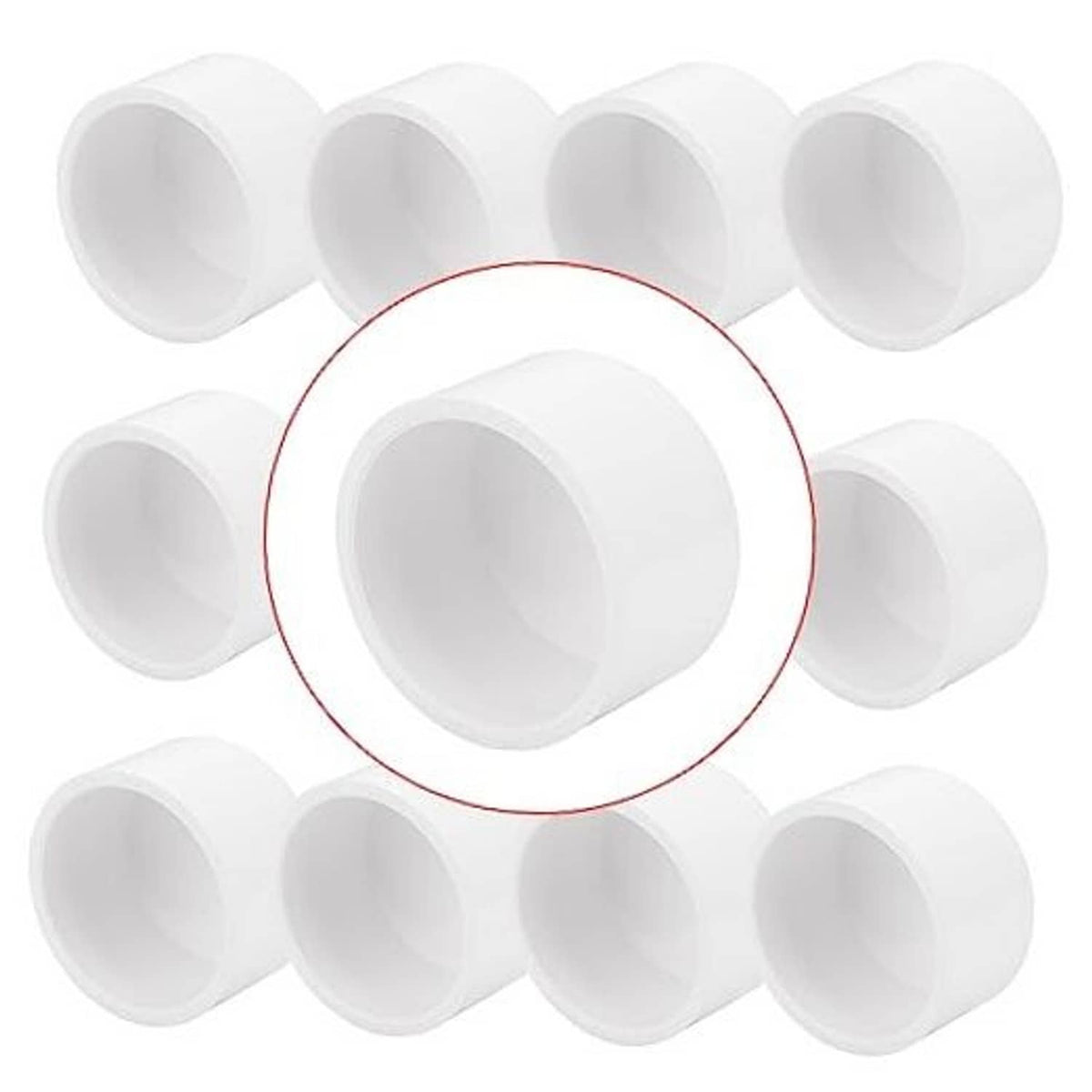 Set of white PVC pipe end caps with round hollow openings, 1-1/2 in size