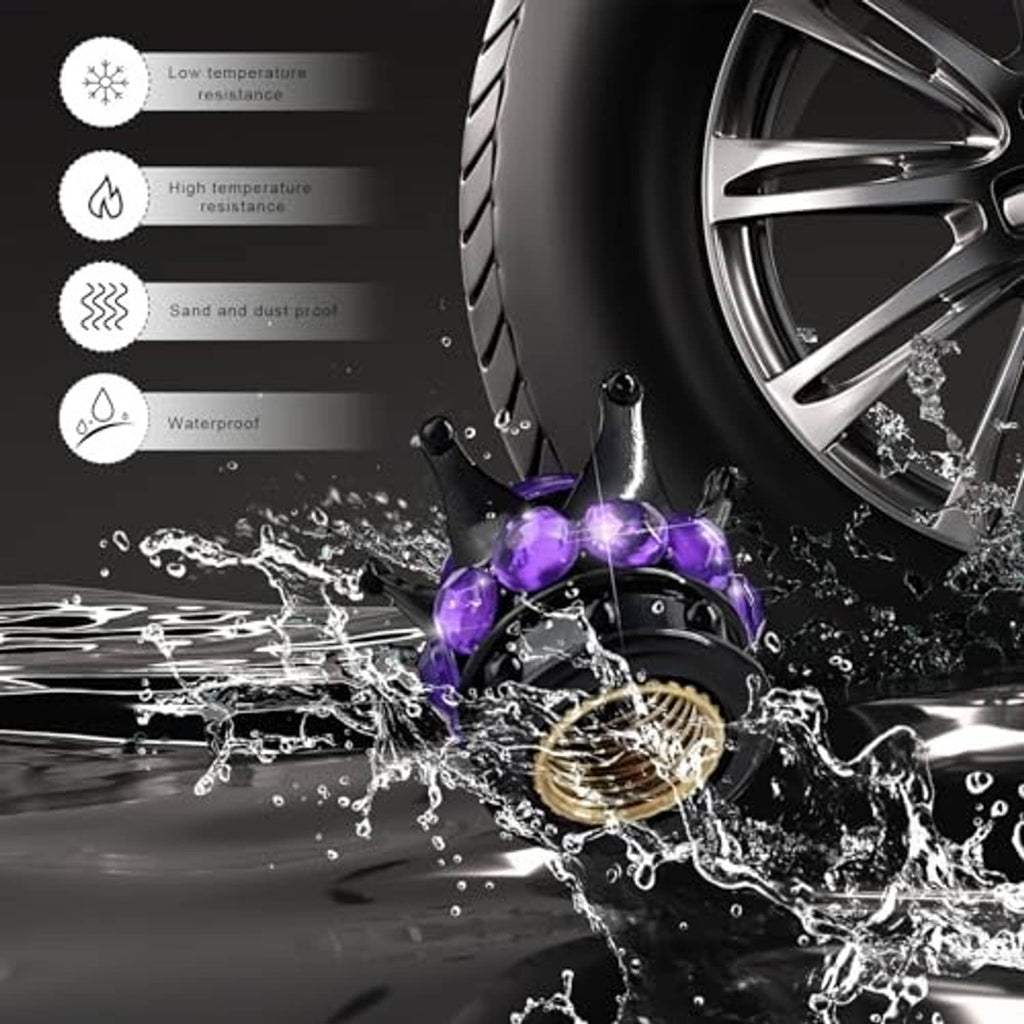 Black tire valve stem cap with purple jeweled crown, water-ready protective style
