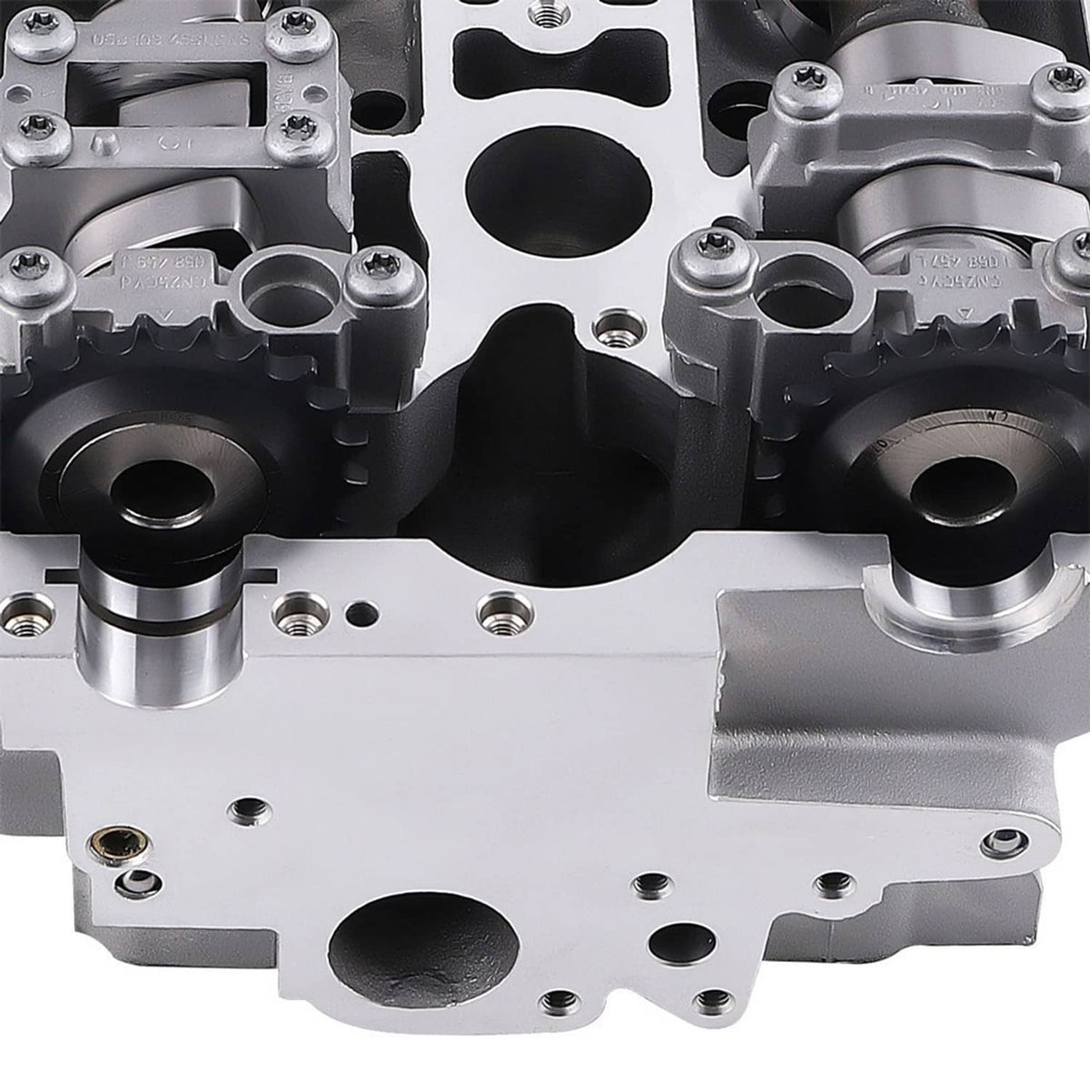 Aluminum alloy cylinder head close-up of rocker mounts and camshaft housings