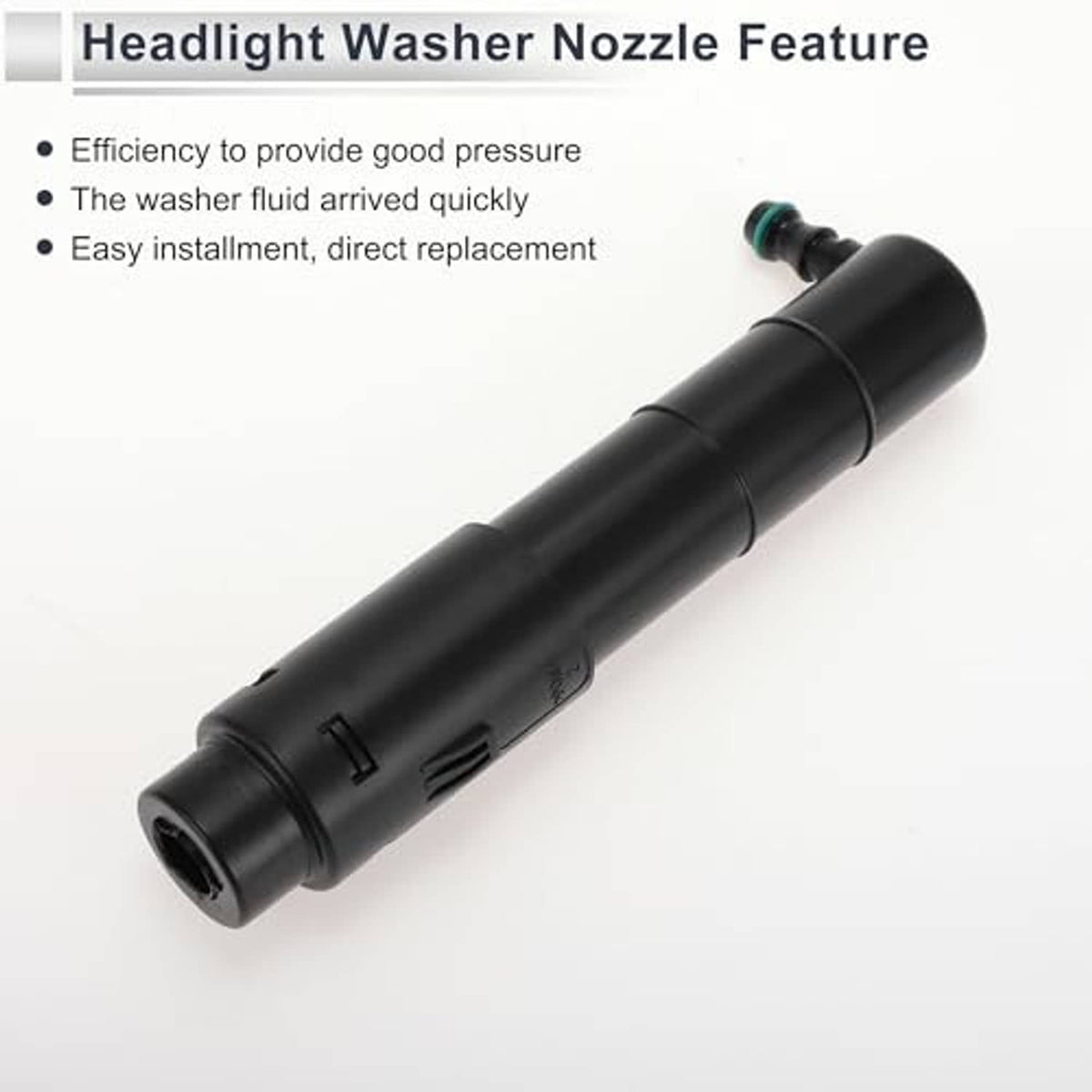 Black headlight washer nozzle with circular end opening and green connector