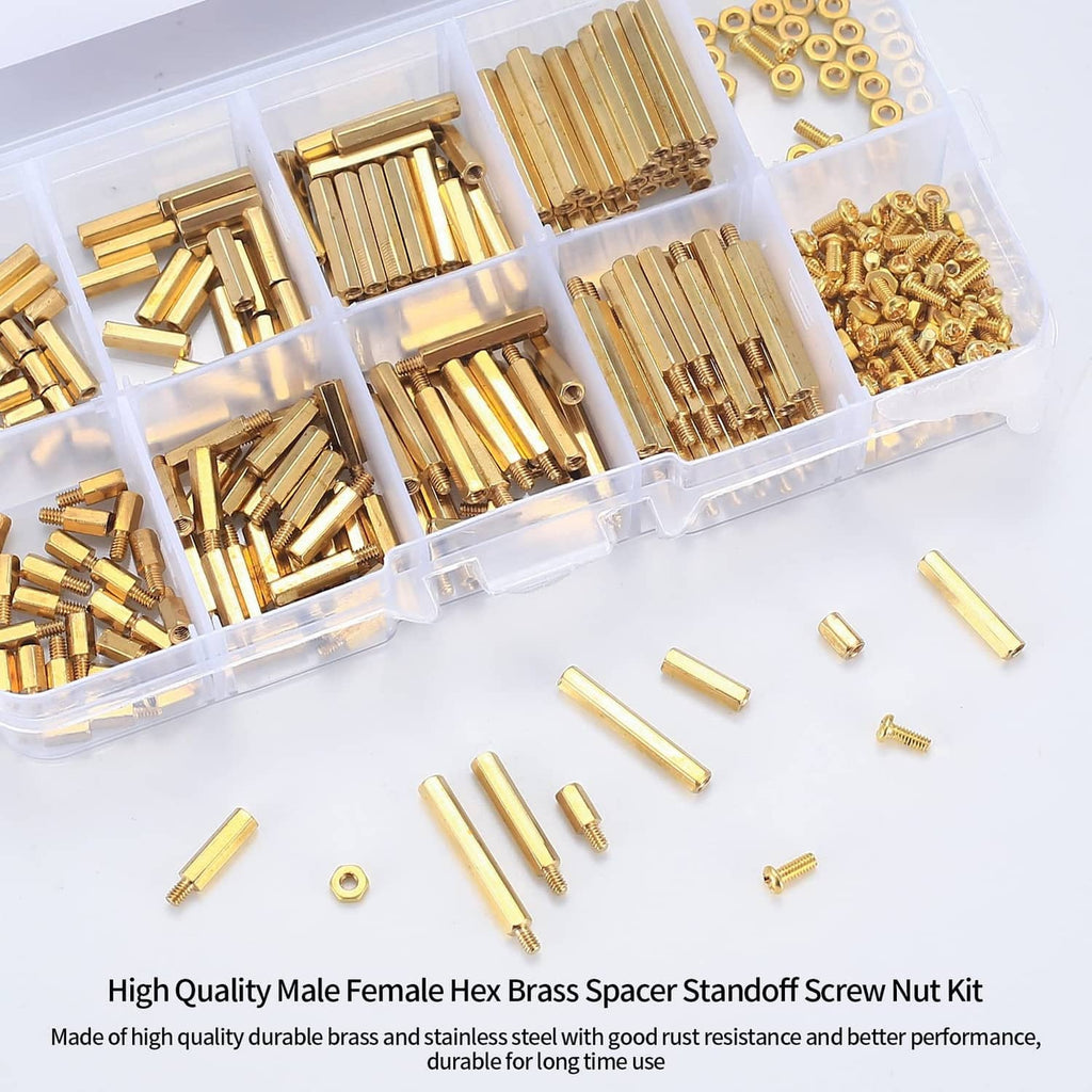 Brass M2 hex spacer standoff kit with screws and nuts in divided organizer tray