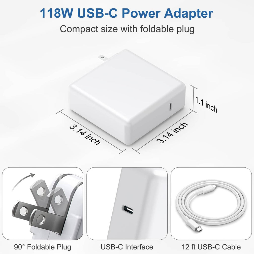 White 118W USB-C power adapter with foldable plug and 12 ft USB-C cable