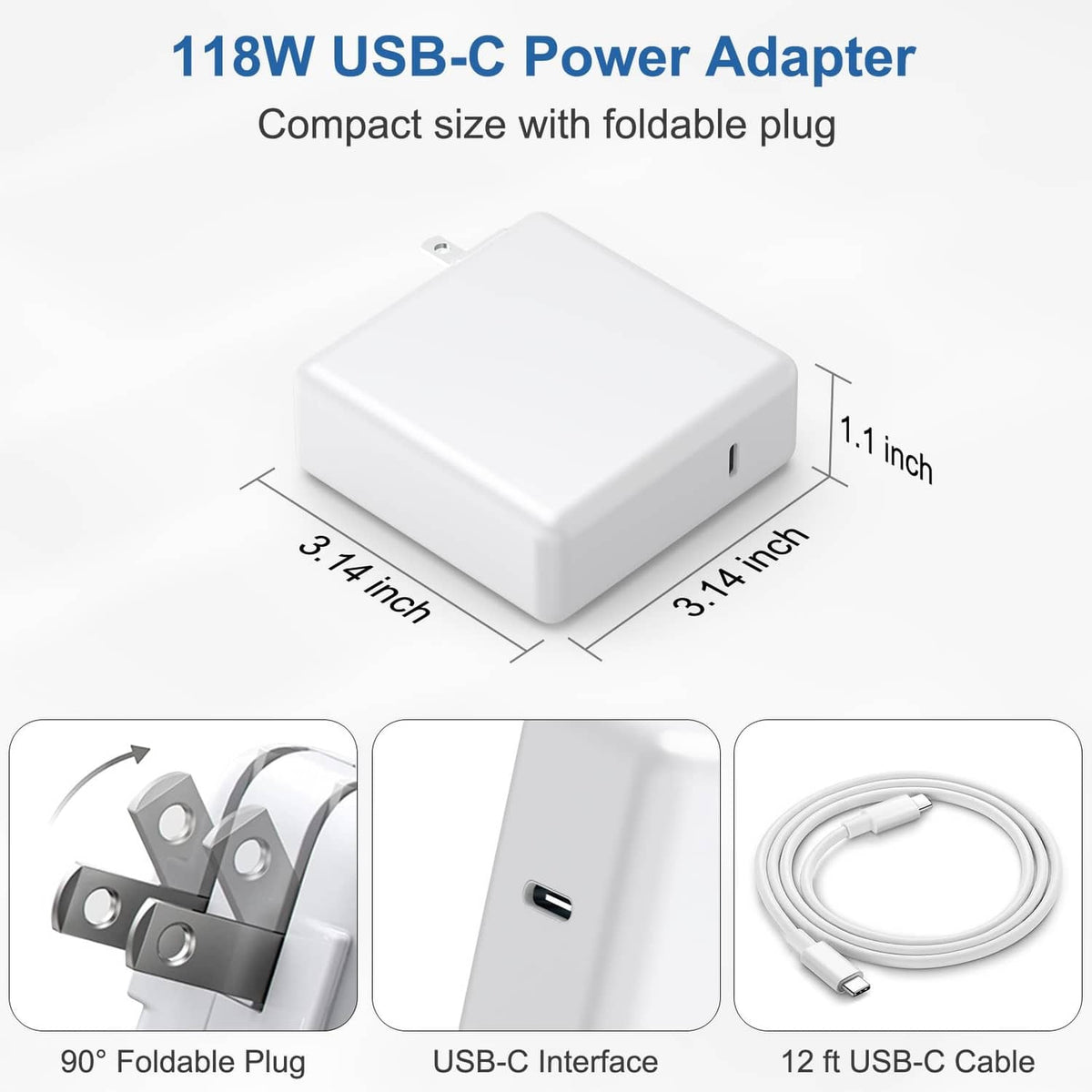 White 118W USB-C power adapter with foldable plug and 12 ft USB-C cable