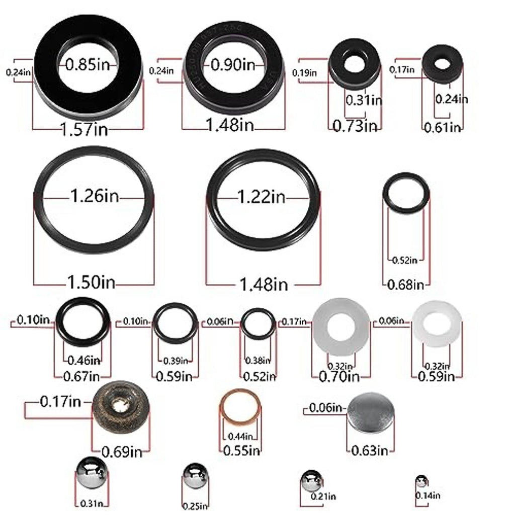 Floor jack seal kit parts shown with size measurements and hole gaskets