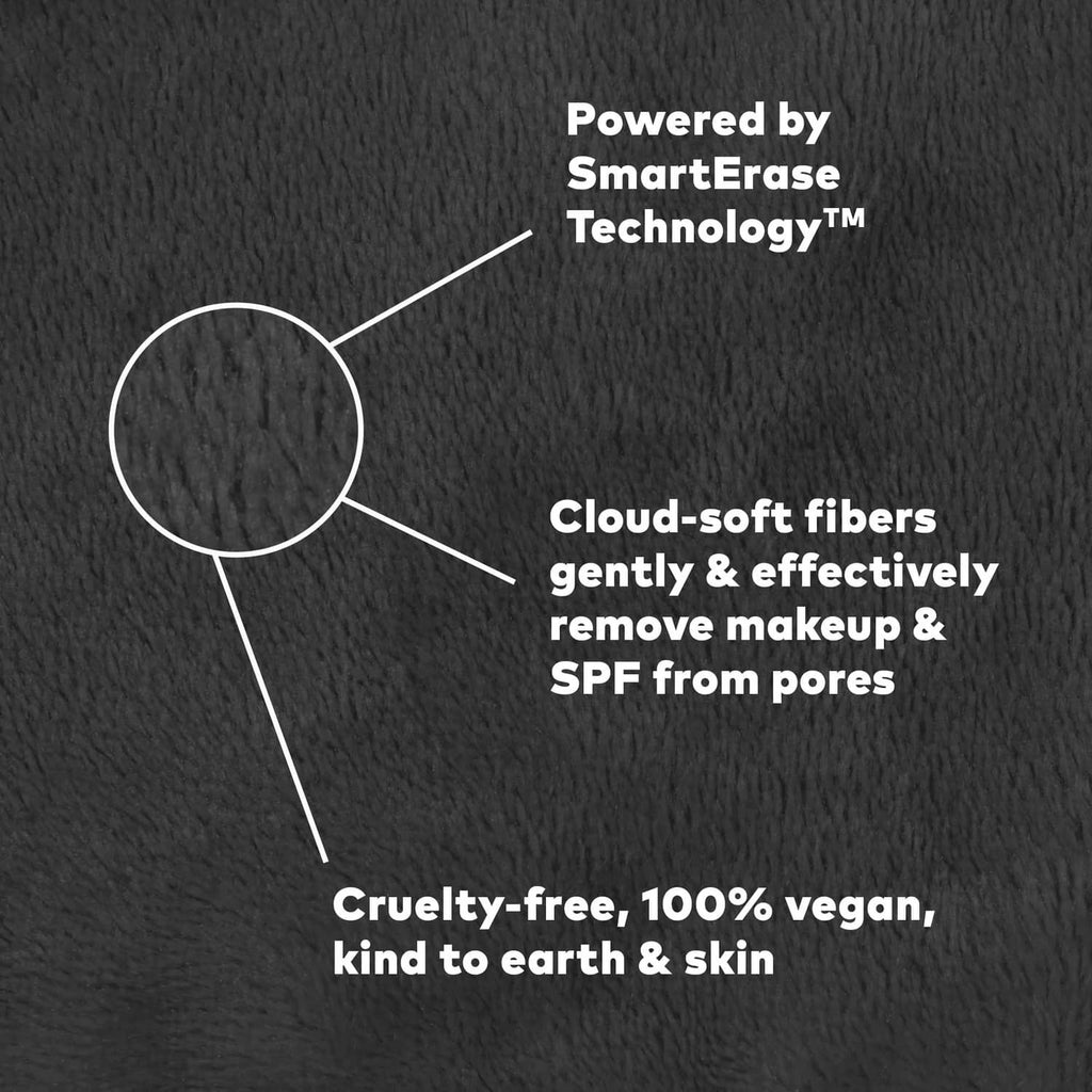 Black MakeUp Eraser fiber cloth texture with SmartErase technology callouts.