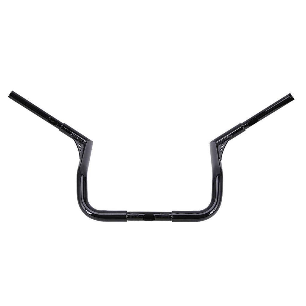 Curved black ape handlebar with tall rise and tapered end sections