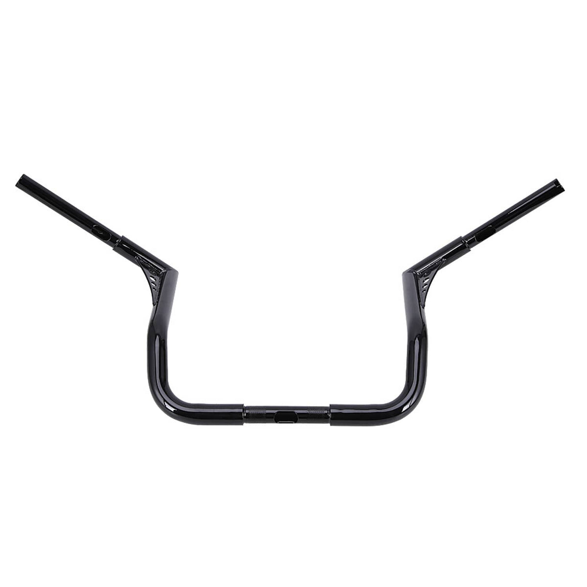 Curved black ape handlebar with tall rise and tapered end sections