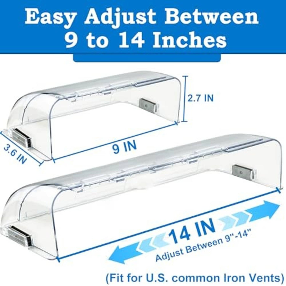 Clear U-shaped vent deflector with adjustable length and gray mounting tab