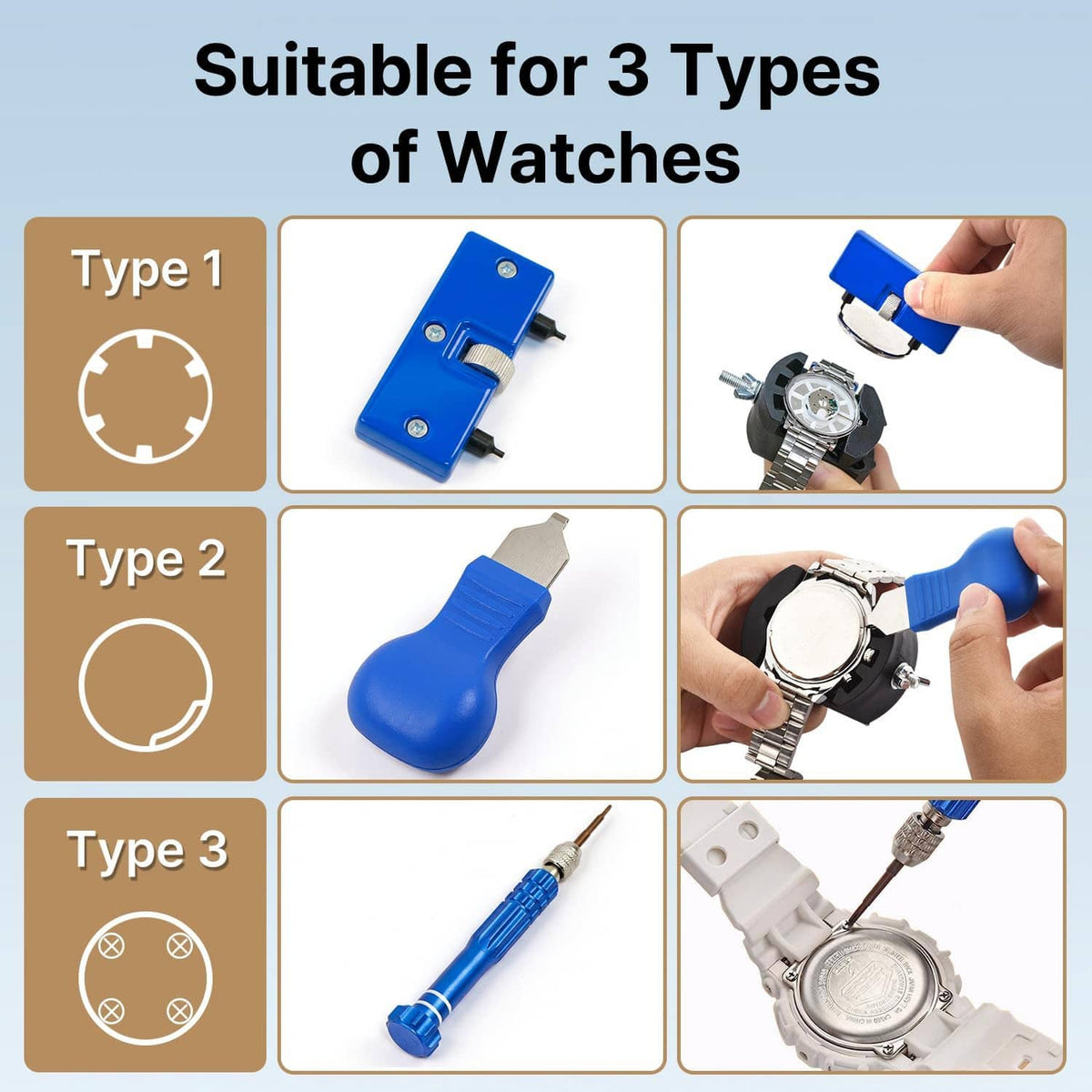 Watch battery opener tool set for different watch types with blue tool and adapter pieces