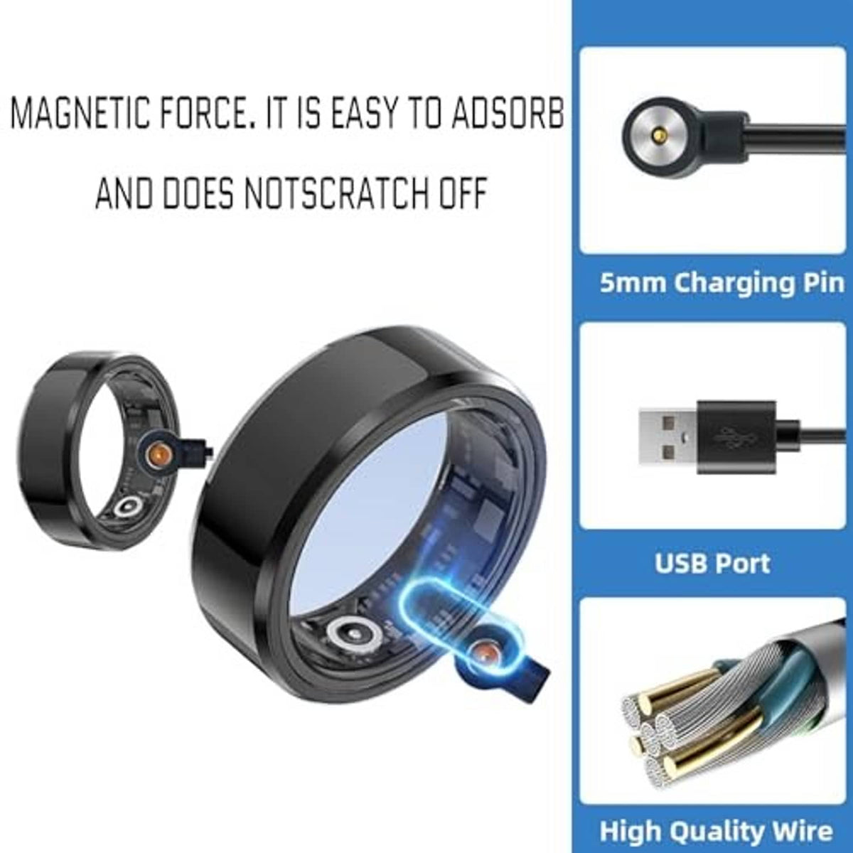 Magnetic ring charger cable with 5mm charging pin and black USB-A connector