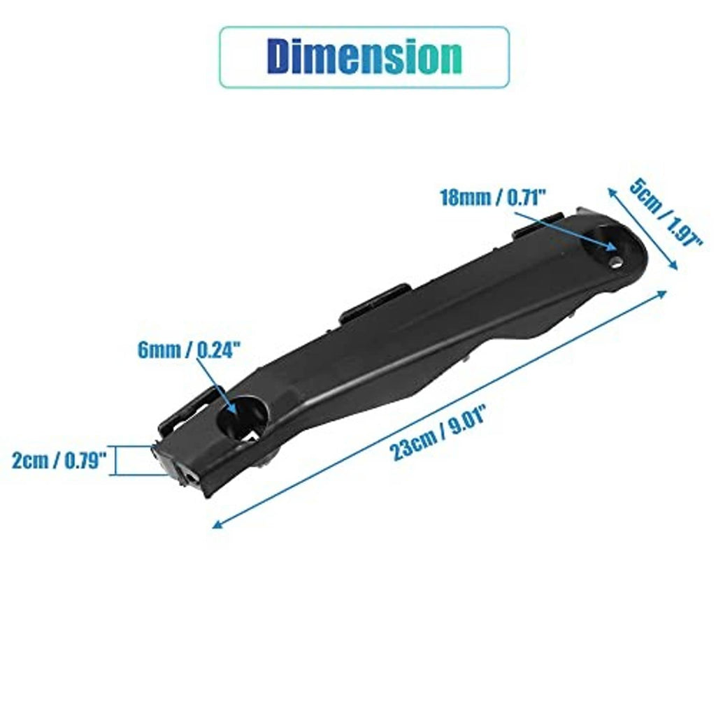 Black front bumper retainer bracket with dimensioned mounting area and side notch