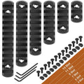 Black picatinny rail set with multiple slot rails, T-nuts, and hex key